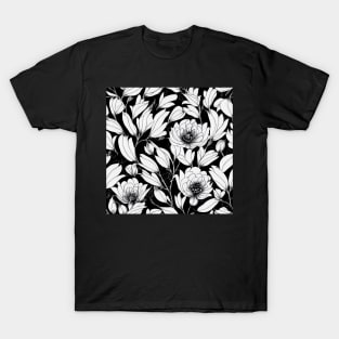 Black and White Vintage Floral Cottagecore Romantic Flower Peony Rose Leaf Design T-Shirt